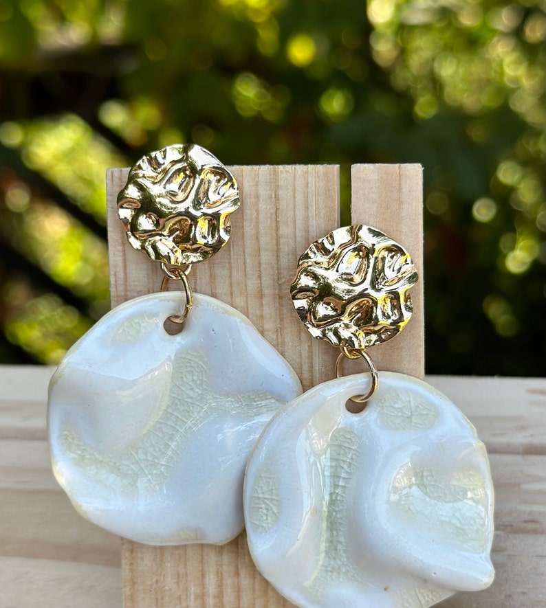 Ceramic Stud drop Earrings Gorgeous White Waves with gold plated 18k findings, Porcelain statement earrings wedding gift, Wedding gift image 2