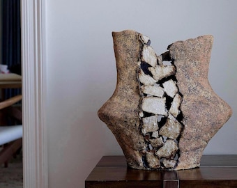 Sculptural Ceramic Vessel – Brutalist Textured Art Piece with Cracked Core, Handcrafted Modern Ceramic Sculpture