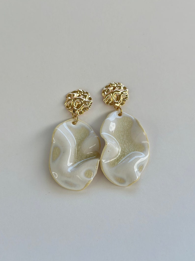 Ceramic statement earrings Unique handmade clay jewelry Milky Cracked wave gold porcelain wedding dangle earrings birthday gift image 4