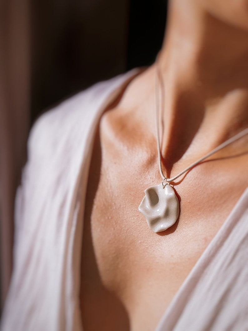 Ceramic aesthetic necklace Artisan jewelry White Wave porcelain pendant Handcrafted jewelry Wedding jewelry Unique jewelry image 1