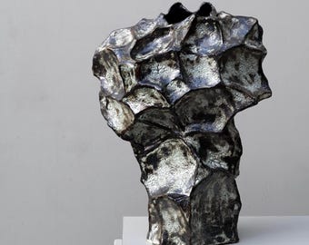 Sculptural Ceramic Vase: Brutalist Japandi Wabi-Sabi Art Object for Pedestal or Console