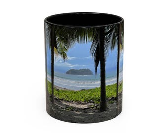 Tropisch accent koffiemok strandscène | Palmbomen Eiland Oceaan