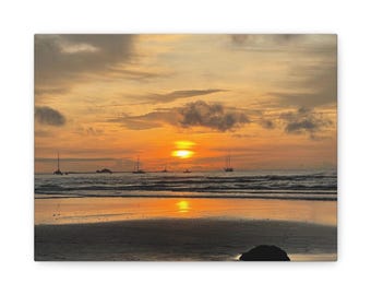 Mat canvas zonsondergang strandscène | Muurkunst op opgespannen canvas