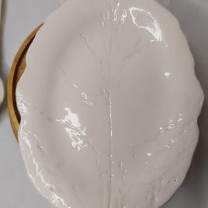 Può includere: Un piatto da portata in ceramica bianca a forma di foglia con un motivo a venatura centrale. Il piatto è posto su una base rotonda in legno. La finitura lucida riflette la luce, evidenziando i delicati dettagli del motivo a foglia. Un pezzo unico.