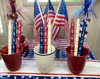 Patriotic Spindle Decor: Red, White, and Blue Vintage Spindles (Set of 3)