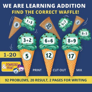 May include: An educational graphic with ice cream cones and waffles. The image shows math problems like "1+5" on ice cream scoops, with answers on the cones. Text includes "WE ARE LEARNING ADDITION" and "FIND THE CORRECT WAFFLE!"