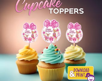 Puppy Birthday Cupcake Toppers: Pink Dog & Girl Party Decorations (DIY Download, PDF/JPG File)