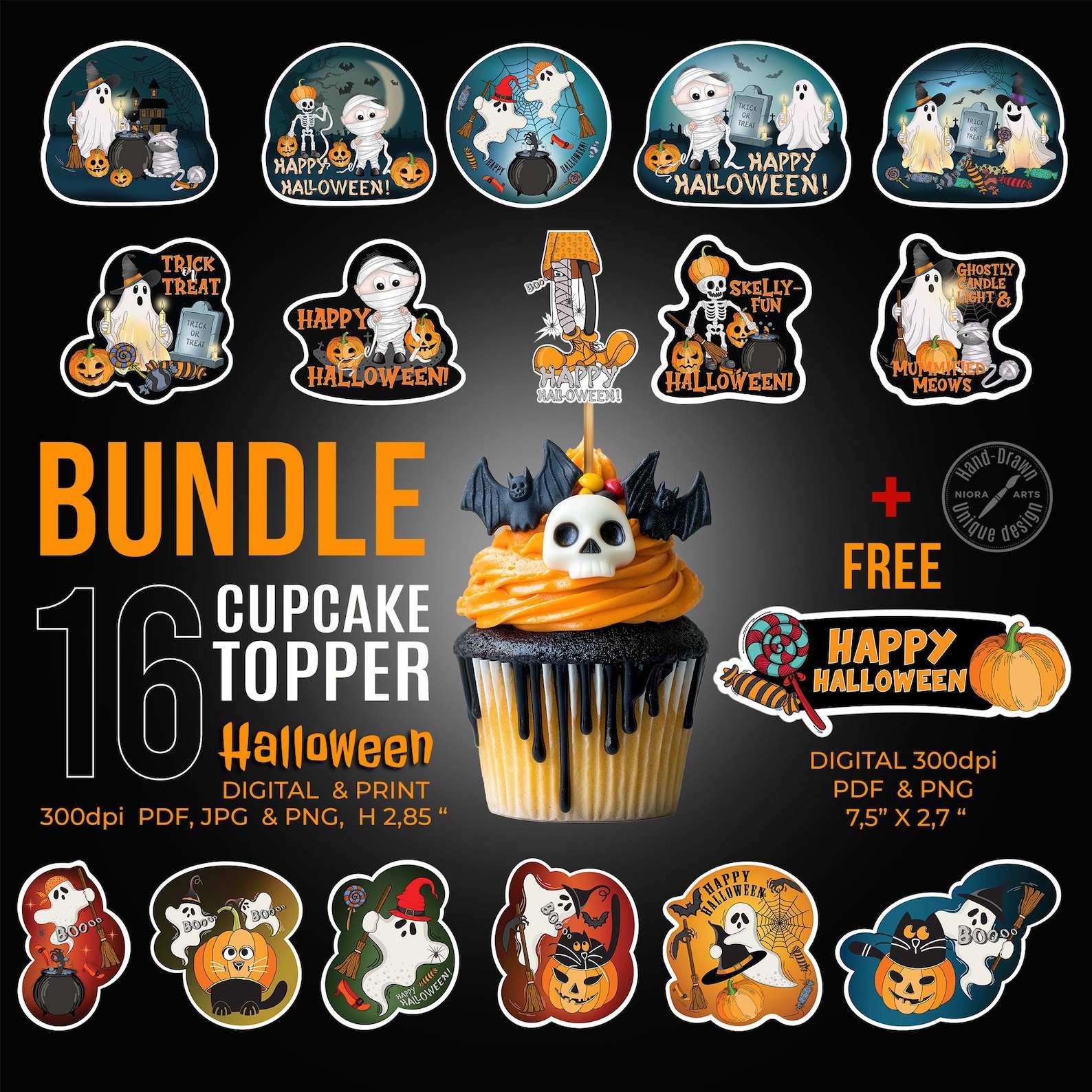 A Small Illustrated Scene on Each Pick Halloween printable topper bundle preview with outlined little seasonal character scenes.