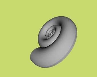 Puede incluir: Un objeto tridimensional de color gris mate y superficie lisa con forma de caracola en espiral. La forma presenta una bobina continua y cónica que se enrolla hacia el interior hasta un punto central, creando una representación geométrica.