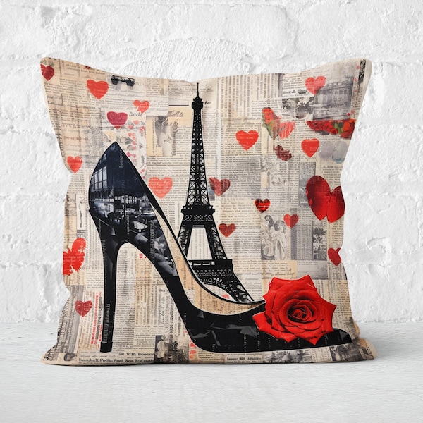 Heartfelt Paris Throw Pillow | Modern Chic Meets Vintage Newsprint, Eiffel Tower, Chic Heel, Red Hearts & Rose | CM0057, Insert Included