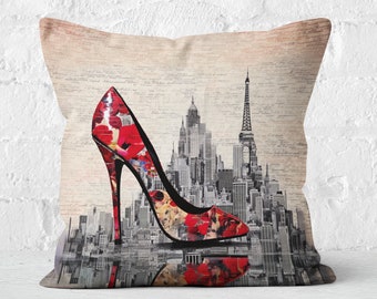 City Chic Throw Pillow | Vintage Cushion, Floral Heel, Eiffel Tower & New York Skyline, Modern Chic Decor | CM0058, Insert Included