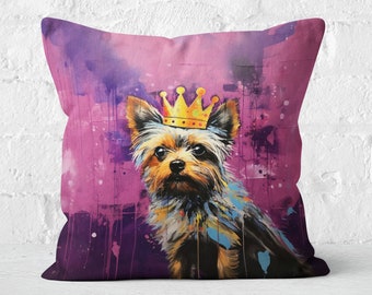 Royal Yorkshire Terrier Pillow | Regal Yorkie with Crown, Vibrant Purple, Modern Royalty, Terrier Lover Decor, #CM0052, Insert Included
