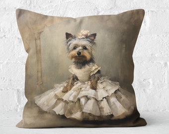 Vintage Ruffles Yorkie Pillow - Antique Lace, Refined Elegance - Yorkshire Terrier Lover Gift, #CM0215, Insert Included