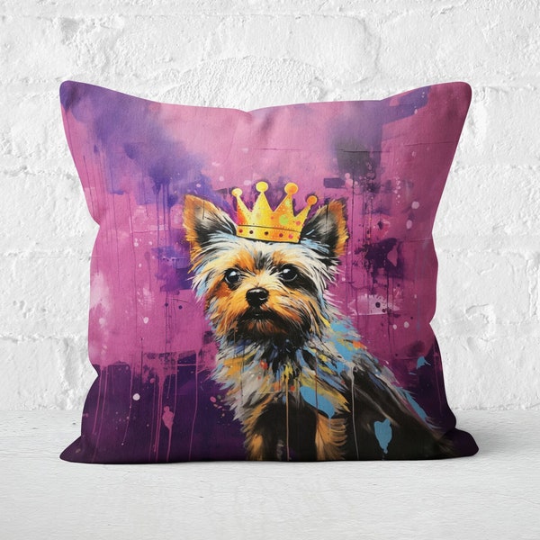 Royal Yorkshire Terrier Pillow | Regal Yorkie with Crown, Vibrant Purple, Modern Royalty, Terrier Lover Decor, #CM0052, Insert Included