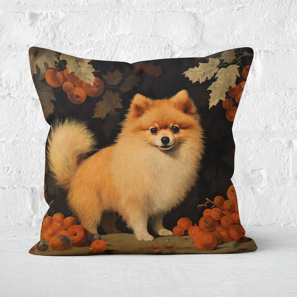 Autumn Pom Pillow, Harvest Orange & Leaf Motifs Luxe Soft Faux Suede, Pomeranian Lover Gift #CM0172, Insert Included