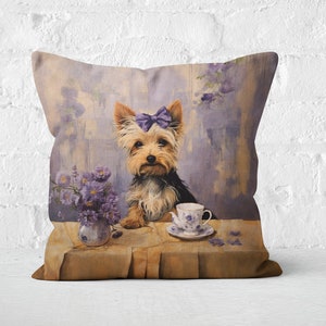TeaTime Yorkie Pillow, Cottagecore French Country, Lavender Beige, Yorkie Lover Gift, #CM0220, Insert Included