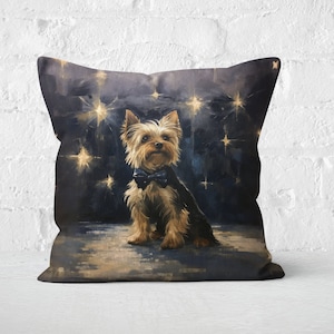 StarryNight Yorkie Pillow, Celestial Bohemian, Navy Gold, Yorkie Lover Gift, #CM0224, Insert Included