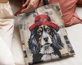 Retro Cavi Canvas Tote Bag Cavalier King Charles Spaniel Polka Dot Hat, Shopping Carryall, Vintage Style Weekend Tote, Everyday Bag, #CM0005