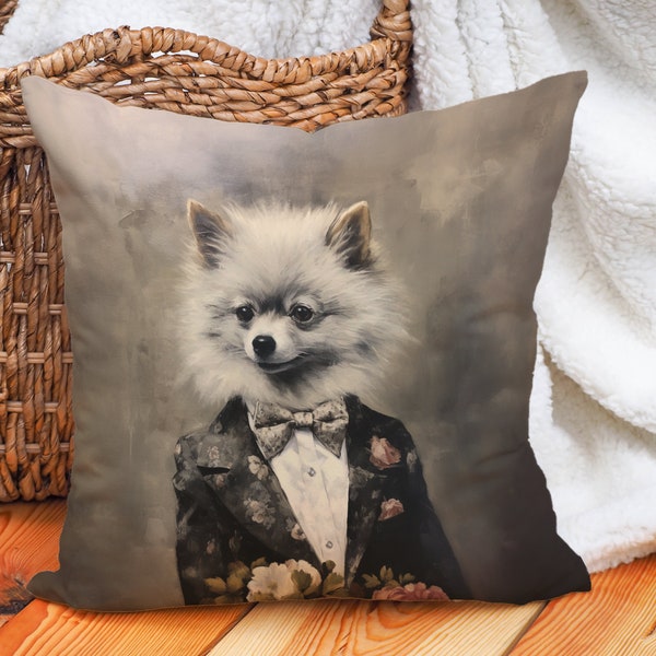 Gentleman Pom Pomeranian Pillow Sophisticated Taupe Floral Vintage Luxe Lover Gift #CM0158, Insert Included