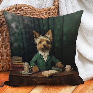 Scholarly Yorkie Pillow, Traditional Library Style, Emerald Brown, Yorkie Mom Gift, #CM0221, Insert Included