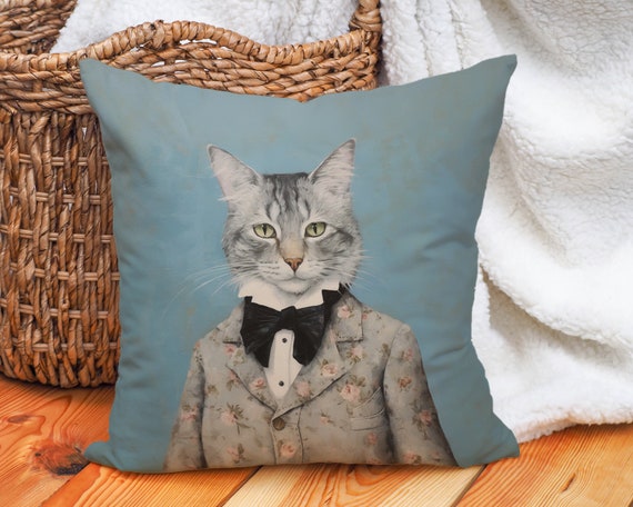 Regal Cat Pillow: Sky Blue Floral Faux Suede, Cat Lover Gift