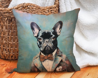 Sophisticated Frenchie Accent Pillow Coastal Shabby Chic Traditional Soft Blue Floral French Bulldog Lover Gift, #CM0285, Insert Included