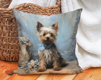 Cloud Pup Yorkie Pillow, French Toile Shabby Chic, Powder Blue White, Yorkie Lover Gift, #CM0231, Insert Included