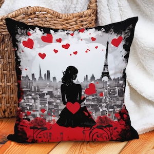 Poduszka Parisian Love Affair, szykowna, czarno-czerwona dekoracja romantyczna, prezent na Walentynki, nr CM0071, wkładka w zestawie