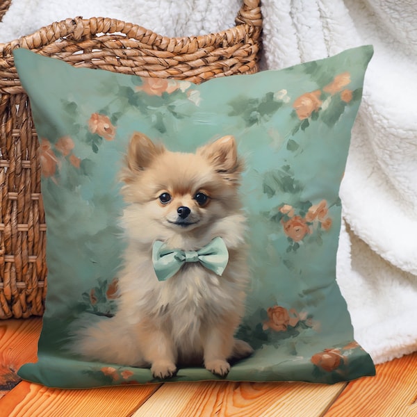 Bowtie Pom Pillow, Soft Mint Floral Charm Luxe Faux Suede, Pomeranian Lover Gift #CM0174, Insert Included