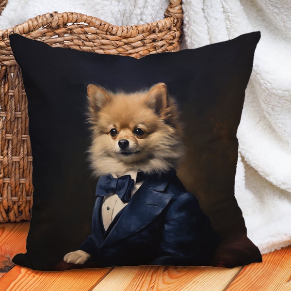 Dapper Pom Pillow, Navy Blue Tuxedo Luxe Soft Faux Suede, Pomeranian Lover Gift #CM0167, Insert Included