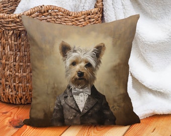 GentlemanYorkie Pillow, Classic Art Deco, Sepia Cream, Yorkie Lover Gift, #CM0226, Insert Included