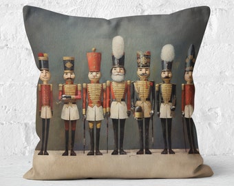 Christmas Gift - Regal Nutcracker Guard Pillow, Traditional Festive Red and Cream, Christmas Decor, #CM0309, Insert Included