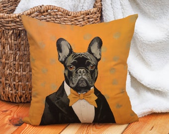 Distinguished Frenchie Pillow in Pumpkin Spice and Onyx, French Bulldog Lover Gift, #CM0265, Insert Included
