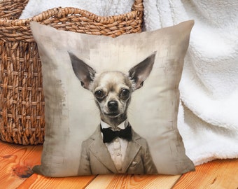 Gentleman Chi Pup Pillow Neutral Vintage Bowtie Elegance Eclectic Chihuahua Lover Gift, #CM0106, Insert Included