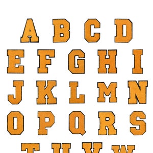 May include: A full alphabet of orange varsity-style letters, each outlined in black, arranged on a white background. The letters are in a bold, blocky font, with a textured appearance, and are evenly spaced.
