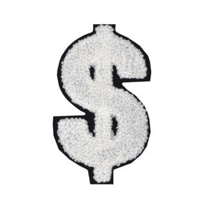 White Dollar Sign on Black Chenille Iron-on Patch