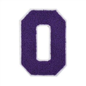 May include: Purple felt letter O with a white outline. The letter is in a blocky, collegiate style font.