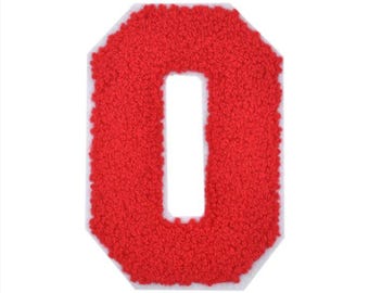 May include: Red felt letter O with a white outline. The letter is in a classic varsity style.