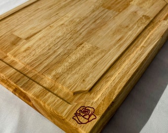 Cute Rose Design Cutting Board with Juice Groove and Deep Cutout Handles! Reversible! Charcuterie Board, Butter Board, made from Havea Wood!