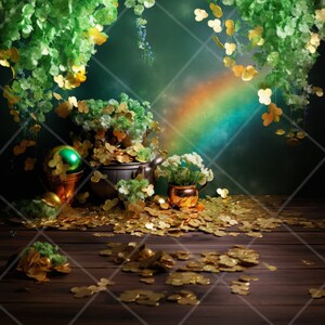 May include: A green pot filled with gold coins and shamrocks sits on a wooden surface with a rainbow in the background.  There are two smaller gold pots with shamrocks and a green orb with gold accents.