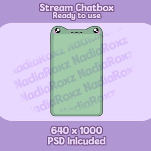 Può includere: Una sovrapposizione di chatbox di telefono verde con un viso di rana dei cartoni animati in alto. Il testo "Stream Chatbox" e "Ready to use" è in alto nell'immagine. Il testo "640 x 1000" e "PSD Included" è in basso nell'immagine.