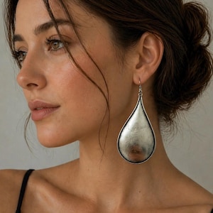 Antique Silver Hammered Teardrop Statement Earrings, Large Dangle Drop