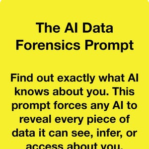Puede incluir: Un fondo amarillo con esquinas redondeadas muestra el texto "The AI Data Forensics Prompt". El texto de abajo explica cómo averiguar lo que la IA sabe sobre ti, obligándola a revelar datos a los que puede acceder.