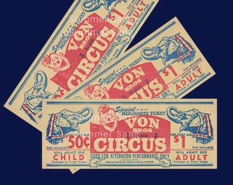Billets de cirque des années 1950 Von Bros Three Ring Circus Tickets Imprimable vintage éphémères de cirque de cirque Page de téléchargement impression US A4 mise en page