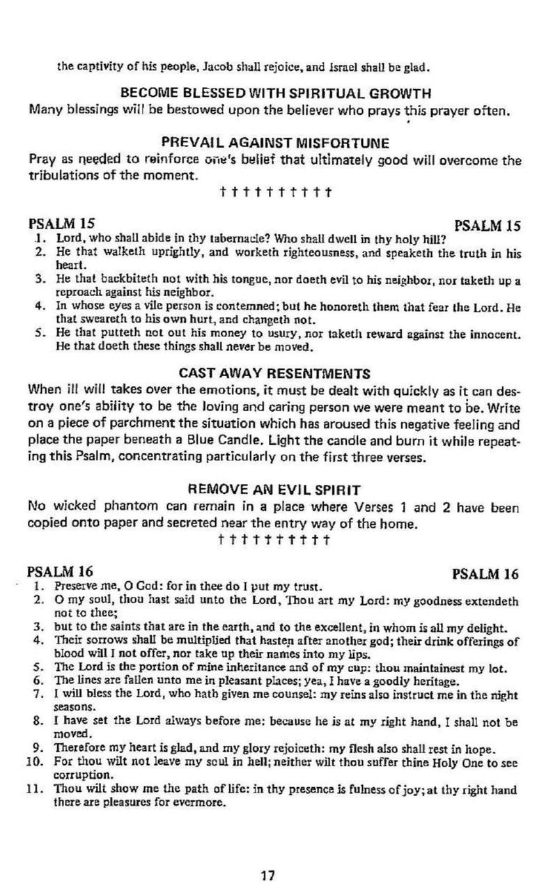 May include: A printed page with religious text, including Psalms 15 and 16, and instructions for spiritual practices. The text is in black font on a white background, with headings and numbered verses.