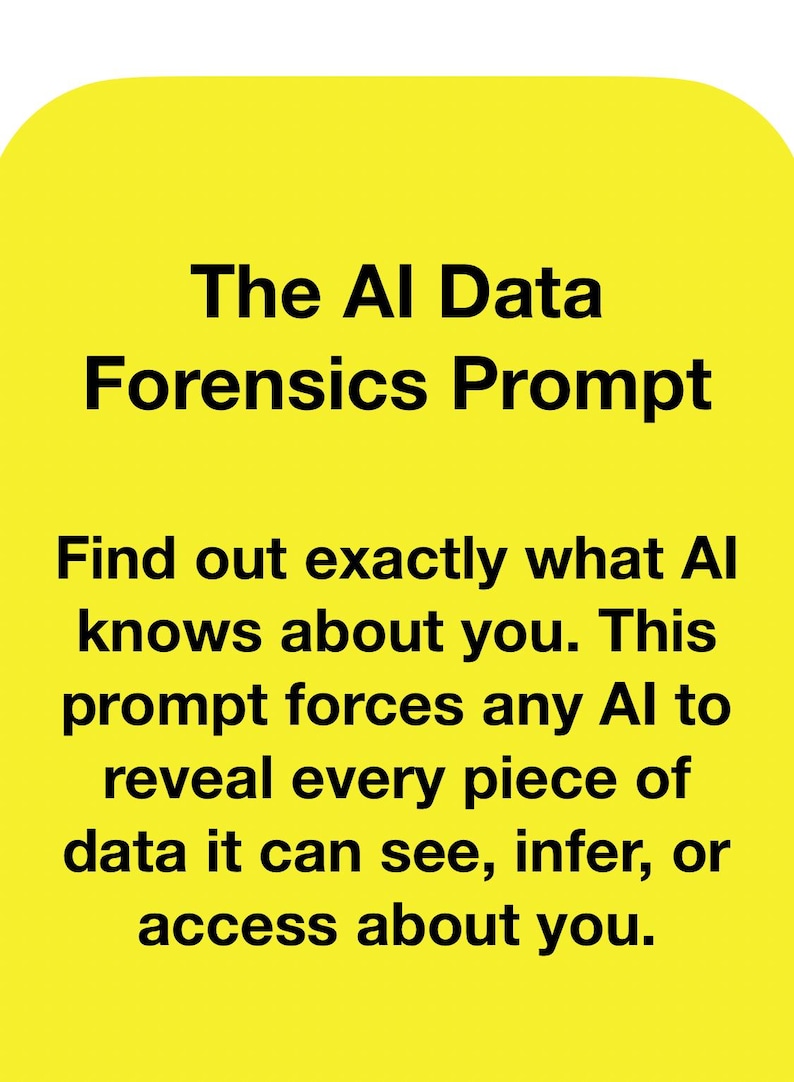 May include: A yellow background with rounded corners displays the text "The AI Data Forensics Prompt." The text below states how to find out what AI knows about you, forcing it to reveal data it can see, infer, or access.