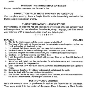 May include: A printed page with text from Psalms 1 and 2, offering guidance on faith, protection, and overcoming enemies. The text is in black font on a white background, with instructions for spiritual practices.