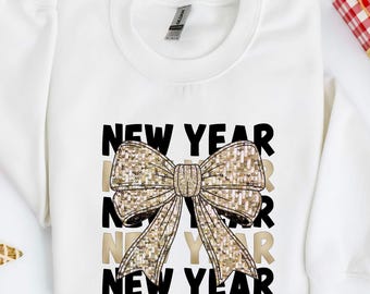 New Year Sequin Bow Sweatshirt, Festive Holiday Celebration Hoodie, Cute Winter Party Shirt, Seasonal New Year Shirt, Holiday Apparel Gift