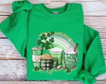 St Patricks Day Coffee Sweatshirt, Women's Cute St Patty's Sweatshirt, St Patricks Day Sweatshirt, Clover Sweater, Patty's Day Sweatshirt