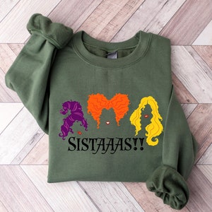 Felpa Donna Halloween Con Ricamo Sanderson Sisters E Hocus Pocus, Girocollo, Maniche Lunghe, Taglie Dalla S Alla XXL